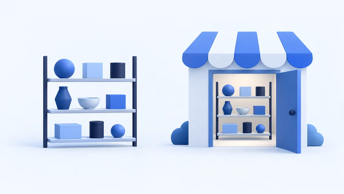 Goods on a freestanding shelf beside matching goods inside a shop with an open door.
