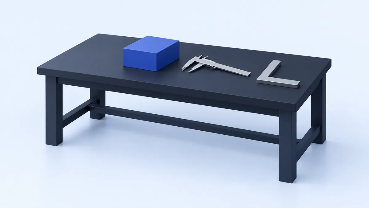 A workbench with a blue block and plain measuring tools.